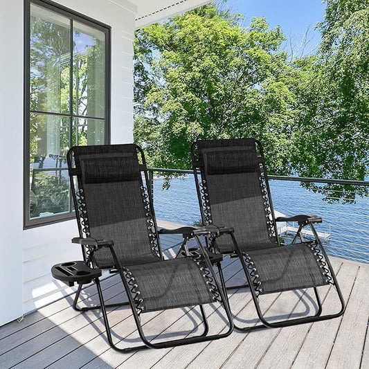 Giantex 2 PCS Zero Gravity Chair, Outdoor Chaise Lounge with Cup Holder, Patio Folding Chairs Recliner for Yard Pool Lawn Balcony, Gray
