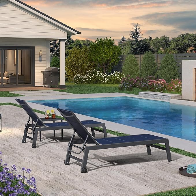 PURPLE LEAF Outdoor Patio Chaise Lounge Set of 4 Aluminum Lounge Chair with Wheels and Side Table Pool Chaise Chair for Outdoor Garden Poolside Navy Blue