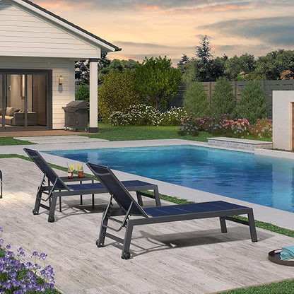 PURPLE LEAF Outdoor Patio Chaise Lounge Set of 4 Aluminum Lounge Chair with Wheels and Side Table Pool Chaise Chair for Outdoor Garden Poolside Navy Blue