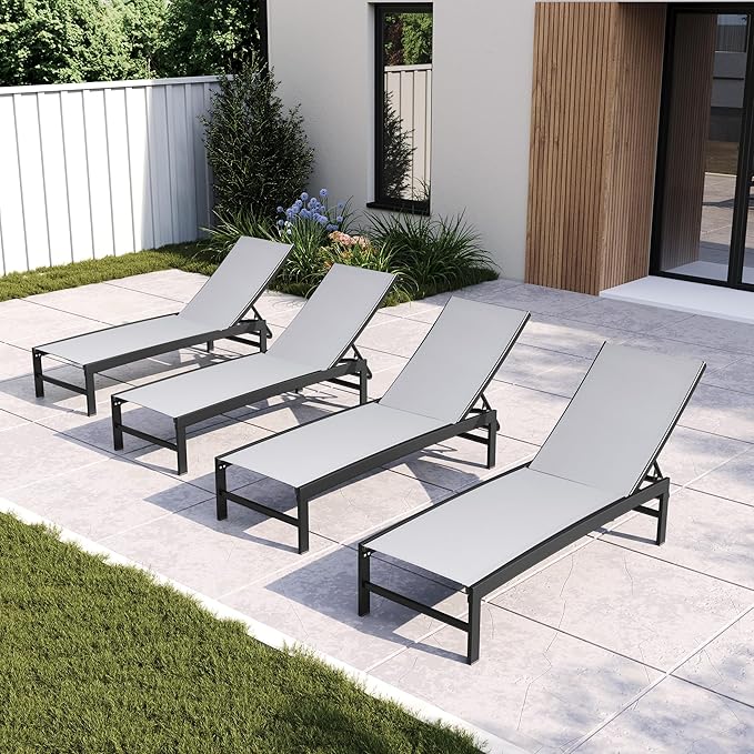 Chaise Lounge Chair, Set of 4 Outdoor Recliner Lounge Chair Sun Loungers, All Weather Chaise with 5 Adjustable Backrest and Lay Flat Positions for Garden, Balcony, Pool, Light Gray
