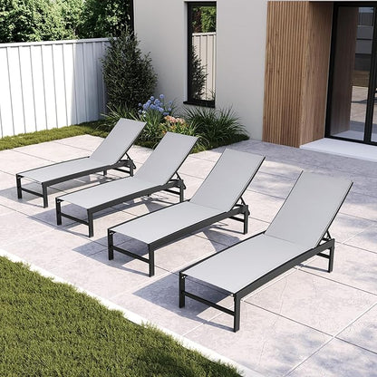 Chaise Lounge Chair, Set of 4 Outdoor Recliner Lounge Chair Sun Loungers, All Weather Chaise with 5 Adjustable Backrest and Lay Flat Positions for Garden, Balcony, Pool, Light Gray