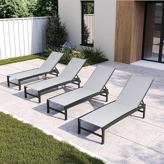 Chaise Lounge Chair, Set of 4 Outdoor Recliner Lounge Chair Sun Loungers, All Weather Chaise with 5 Adjustable Backrest and Lay Flat Positions for Garden, Balcony, Pool, Light Gray