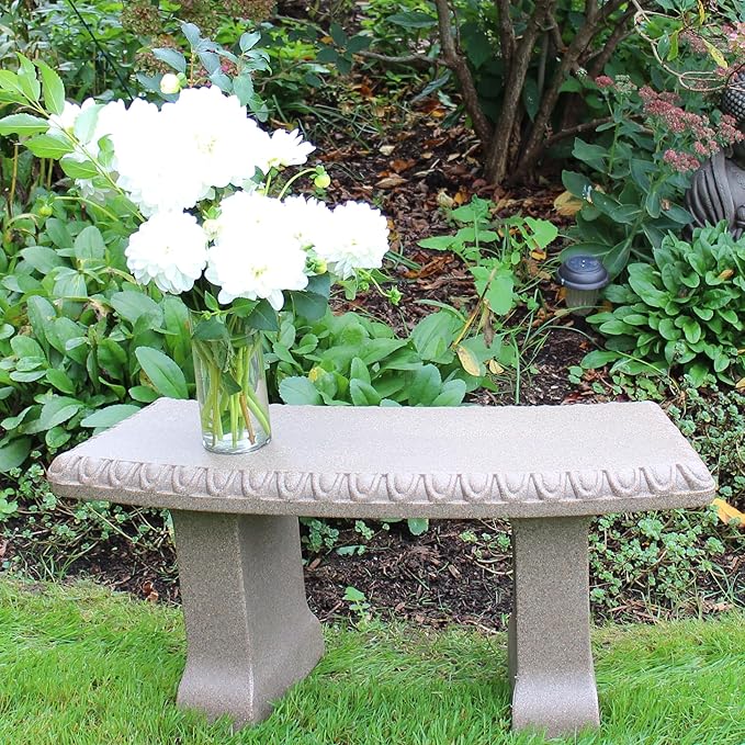 EMSCO Group Garden Bench Statue – Resin Construction with Natural Granite Look – Lightweight Decorative Indoor/Outdoor Bench – 12 Inch Height