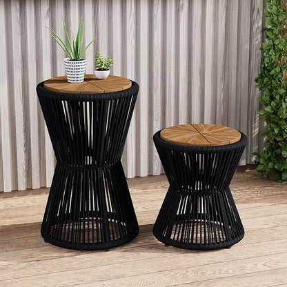 Christopher Knight Home Nara Acacia Wood Outdoor Side Table Set of 2, Hourglass Shaped with Metal Frame+Woven Rope, Outdoor End Table, Garden Plant Stand Indoor, No Assembly Needed, Black+Teak