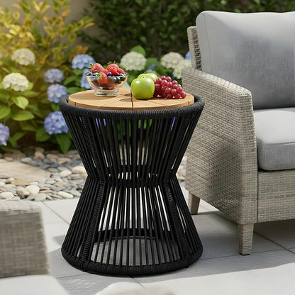 Merax Bohemian Round Outdoor Side Table with Acacia Wood Top and Black Handwoven Rope Base, Elegant Hourglass Design Patio Coffee Table for Garden, Pool, Deck, Balcony, Yard, 18.9" Height, No Assembly