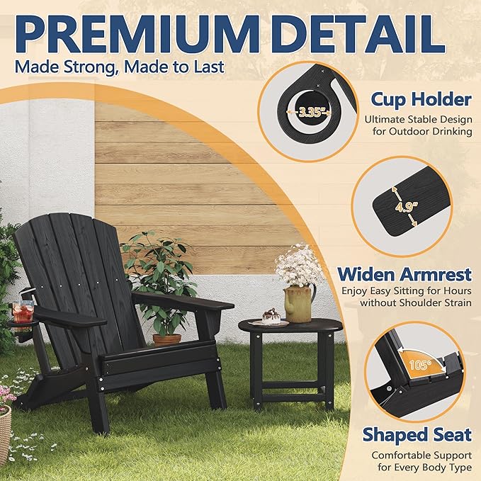Folding Adirondack Chair Set of 2 with Cup Holders & Ottomans, HDPE All Weather Resistant Plastic Outdoor Patio Chairs - Photo 8