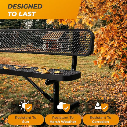 Heavy-Duty Outdoor Metal Bench, Thermoplastic-Coated, Portable, Weatherproof, Commercial-Grade for Parks, Gardens, Patios, Stores & More (4 Ft - Portable with Back, Black)