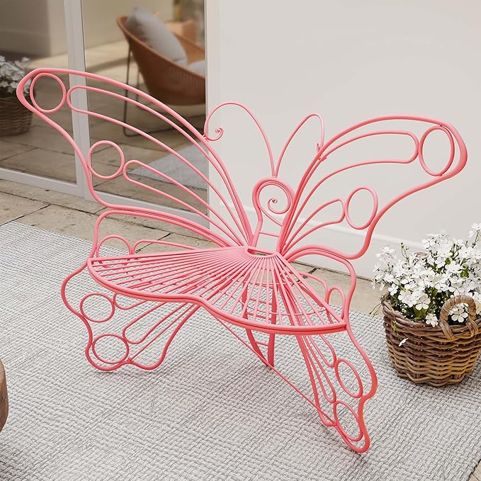 Pink Butterfly Benches Outdoors, Pretty Garden Bench & Cute Metal Outside Bench, Front Porch Benches Outdoor with Sturdy Frame for Lawn Yard Balcony (Pink)