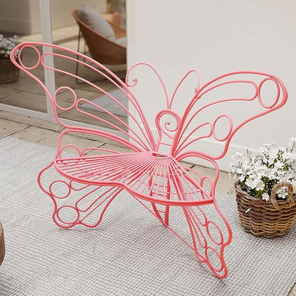 Pink Butterfly Benches Outdoors, Pretty Garden Bench & Cute Metal Outside Bench, Front Porch Benches Outdoor with Sturdy Frame for Lawn Yard Balcony (Pink)