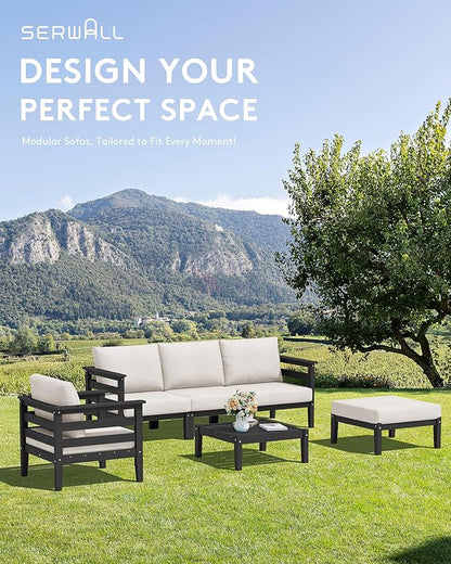 SERWALL HDPE Outdoor Furniture Set, 10 Pieces Patio Sectional Sofa Set, All-Weather Wood-Like Outdoor Sofa with Coffee Table for Deck, Garden, Black Frame with Khaki Cushion