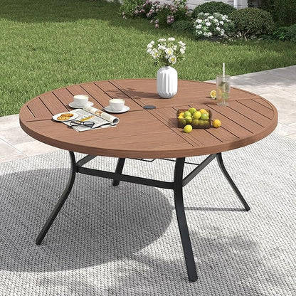 VICLLAX 50" Round Patio Table with Umbrella Hole, All Weather Metal Outdoor Dining Table for 6, Outside Table with Storage Shelf for Lawn Garden, Walnut Wood-Grain Finish