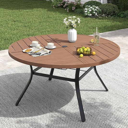 VICLLAX 50" Round Patio Table with Umbrella Hole, All Weather Metal Outdoor Dining Table for 6, Outside Table with Storage Shelf for Lawn Garden, Walnut Wood-Grain Finish
