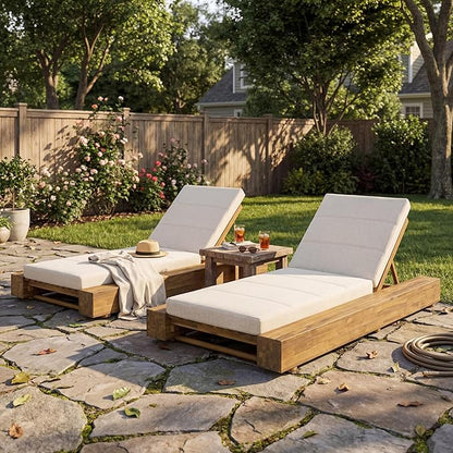 Christopher Knight Home Tory Acacia Wood Chaise Lounge Chair Outdoor Set of 2, Poolside Sun Lounger Recliner, Patio Outdoor Chaise Lounge with Cushions, Adjustable Backrest Lounge Sofa, Beige+Teak