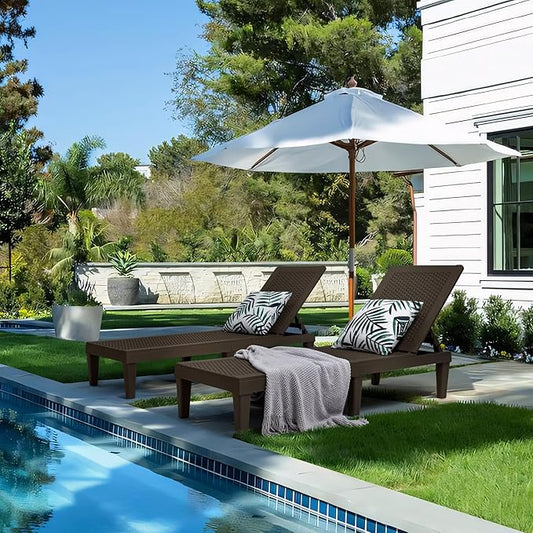 Greesum Outdoor Chaise Lounge Chairs Set of 4 with 5-Position Adjustable Backrest, Waterproof PP Sun Chaise Loungers for Garden Pool Beach Patio Deck Sunbathing, Brown