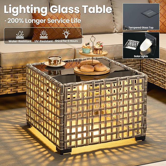 ovios Outdoor Side Table with Tempered Glass Top, Patio Wicker Solar Table - Photo 3
