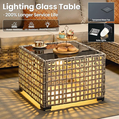 ovios Outdoor Side Table with Tempered Glass Top, Patio Wicker Solar Table, Rattan Bistro End Table for Porch Deck Balcony Garden Poolside, Mixed Brown