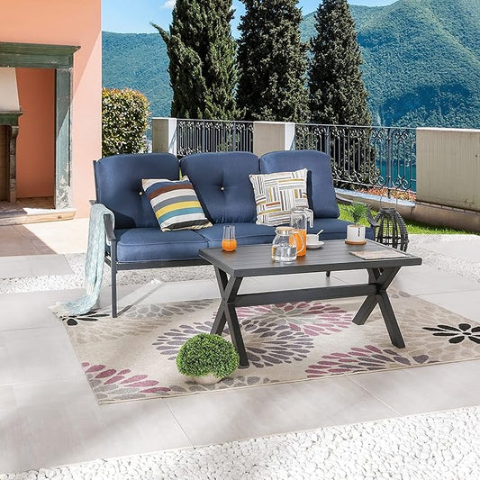 LOKATSE HOME Outdoor Patio Cushioned Loveseat 3 Seats Sofa Bench with Metal Coffee Table