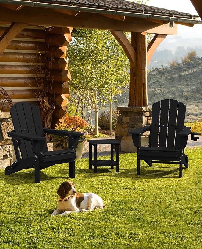 SERWALL Folding Adirondack Chair Set of 4, Adjustable Adirondack Chair with 3 Recline Positions, All Weather HDPE Outdoor Adirondack with Cup Holders, Black