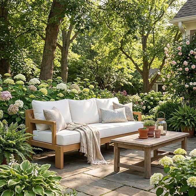 Patio Furniture 3-seat Sofa Acacia Wood Outdoor Furniture Outdoor Couch Deep Seat and Backrest Cover Thick Cushions - Photo 1