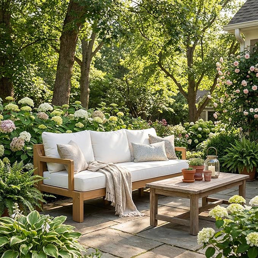 Patio Furniture 3-seat Sofa Acacia Wood Outdoor Furniture Outdoor Couch Deep Seat and Backrest Cover Thick Cushions, Beige+Natural