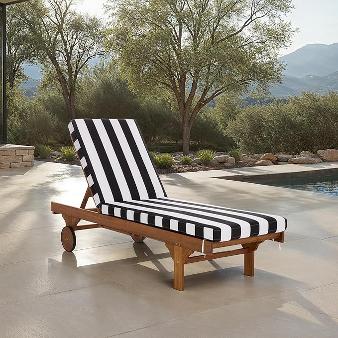 SAFAVIEH Outdoor Patio Furniture Collection - Newport Natural Solid Wood Chaise Lounge Chair with Black Stripe Cushion, Adjustable Backrest (PAT7316E)
