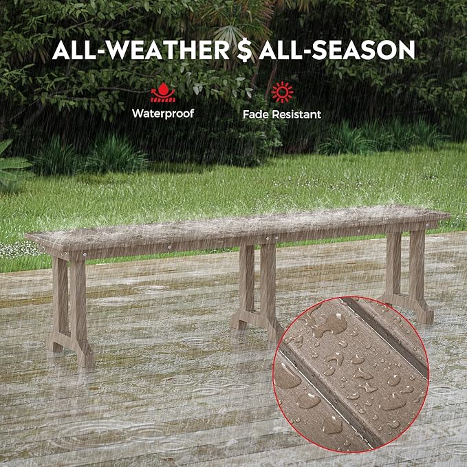 Costaelm Outdoor Benches Weatherproof, Park Long Bench Poly Lumber Backless for Entryway Front Porch Garden Bench Seat for Patio, Weathered Wood