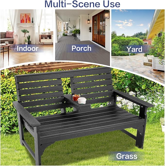 Outdoor Bench Weatherproof - HDPE 2-Person Garden Bench with Cup Holders, Bench Furniture with Backrest and Armrests - Photo 8