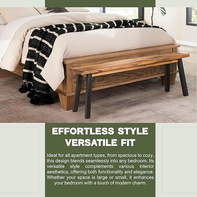 Solid Wood Bench - Minimalist Design, Acacia Wood Construction, Natural top-Black Leg Color, Versatile for Entryway - Photo 5