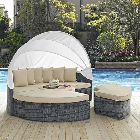 Modway Summon Outdoor Patio Daybed with Canopy and Sunbrella Cushions in Antique Canvas Beige