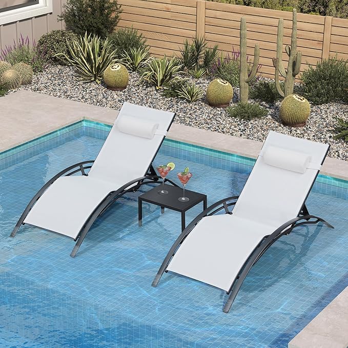 PURPLE LEAF Patio Oversized Chaise Lounge Chair Set with Side Table Pool Adjustable Recliner Chairs for Outside Beach Outdoor Sunbathing Tanning Poolside Lounger Chair, White