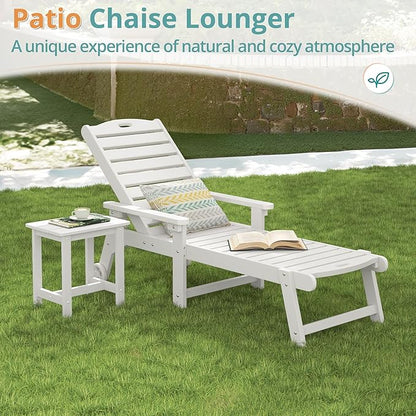 LUE BONA Lounge Chair Outdoor with Table, 2-Piece, HDPS Chaise Lounge Outdoor with Wheels, 5 Positions Adjustable Pool Lounger Chairs for Outside, Patio, White
