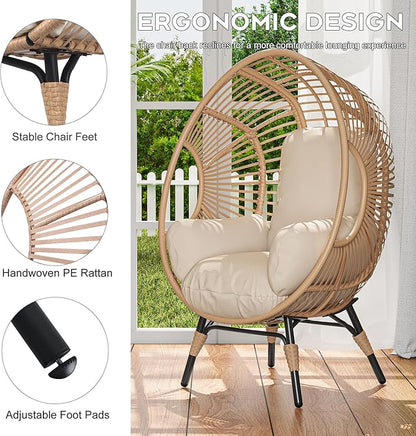 Patio Egg Chair, Oversized Outdoor Wicker Egg Chair with 8" Thick Cushion, PE Rattan Lounge Chair with Steel Frame for Balcony, Backyard, Garden, Sunroom, Beige