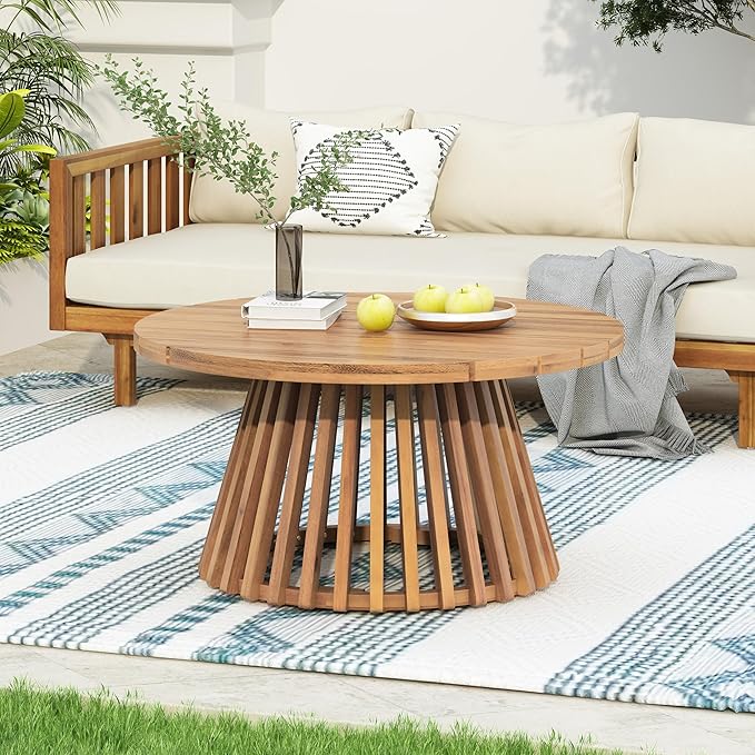 Acacia Wood Patio Coffee Table, Patio Outdoor Acacia Wood Round Coffee Table for Backyard, Lawn, Balcony, Teak Finish - Photo 1