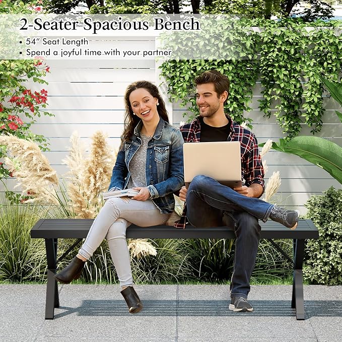 Giantex 2 Pack Outdoor Bench, 54" Metal Garden Bench with Slatted Seat, X-Shaped Legs, Heavy-Duty Patio Backless Loveseat, Load 800 LBS, 2-Person Park Bench for Lawn, Yard, Porch, Black