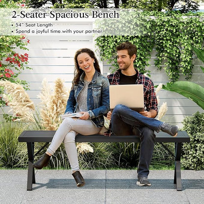 Giantex 54" Outdoor Bench, Metal Garden Bench with Slatted Seat, X-Shaped Legs, Heavy-Duty Patio Backless Loveseat, Load 800 LBS, 2-Person Park Bench for Lawn, Yard, Porch, Black