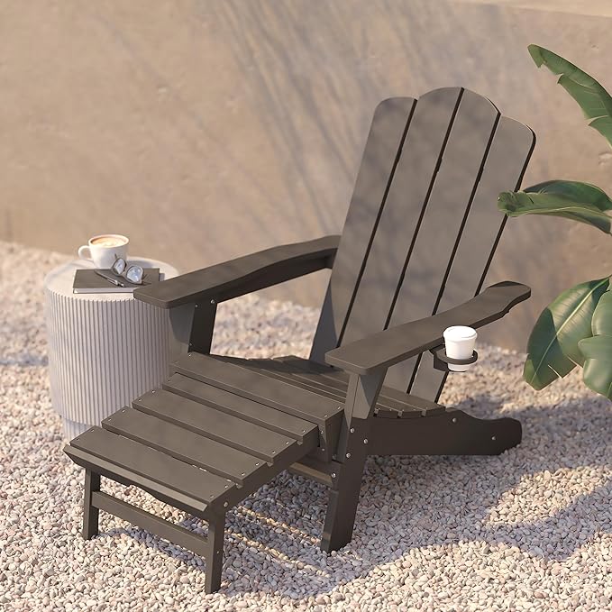 Flash Furniture Newport Poly Resin Adirondack Chair with Cup Holder and Pull Out Ottoman, All-Weather Poly Resin Indoor/Outdoor Lounge Chair, Brown
