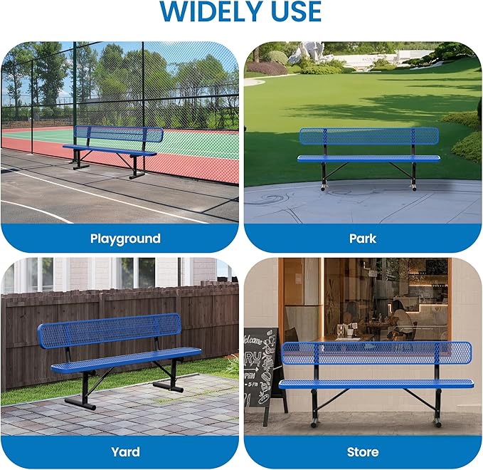 8 Feet Steel Park Bench for Outside, Outdoor Bench with Backrest & Portable Frame, Commercial Benches for Shopping Malls, Stores, Parks, Patios, Decks, Dark Blue