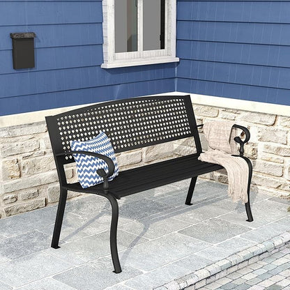 DIFY Outdoor Metal Bench with Back, Garden Bench Front Porch Bench with Curved Armrests for Park, Lawn, Yard, Black