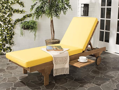 SAFAVIEH Outdoor Collection Newport Natural/ Yellow Cushion Built-in Side Table Adjustable Chaise Lounge Chair