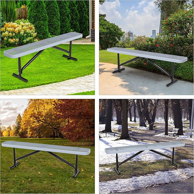 6 Feet Outdoor Steel Bench, Gray Heavy Duty Metal Park Bench for Outside, Weatherproof Dock Bench, 72" L Commercial Benches Mesh Bench for Shopping Mall, Store, Lawn, Park, Patio, Deck, Garden