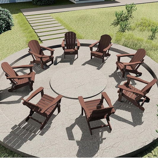 SERWALL Adirondack Chair Set of 8, Weather Resistant Patio Chair with Cup Holder for Patio Garden (Folding Coffee)