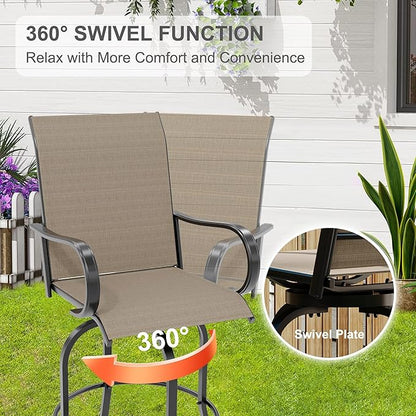 Swivel Bar Stools 2-Piece Set, Outdoor Patio Bar Height Chairs with Rust-Resistant Metal Frame & All-Weather Textile, Taupe High Top Stools for Garden, Balcony, Backyard(Brown)