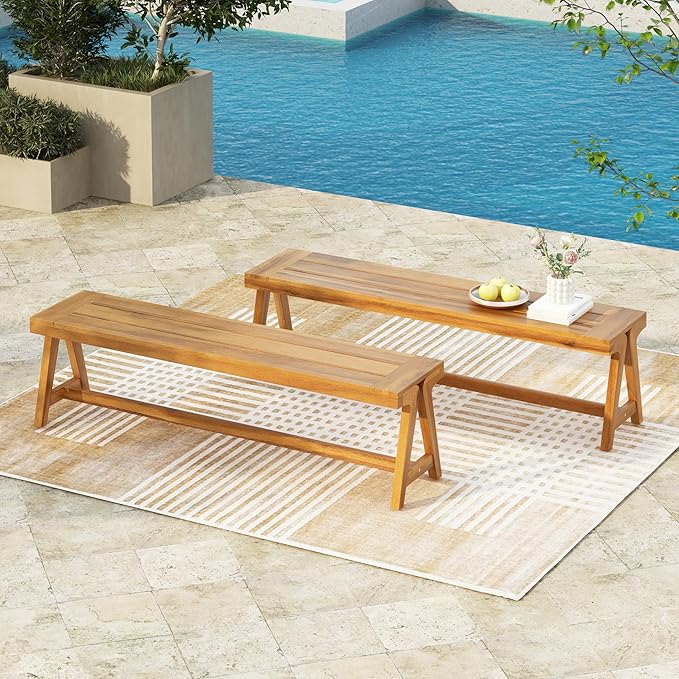 Goujxcy 2-Pack Outdoor Bench Patio Garden Bench, 63'' Outside Chair with Slatted Seat, Wood Frame, Dining Bench Chair for Yard, Park, Balcony