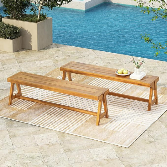 Goujxcy 2-Pack Outdoor Bench Patio Garden Bench, 63'' Outside Chair with Slatted Seat, Wood Frame, Dining Bench Chair for Yard, Park, Balcony