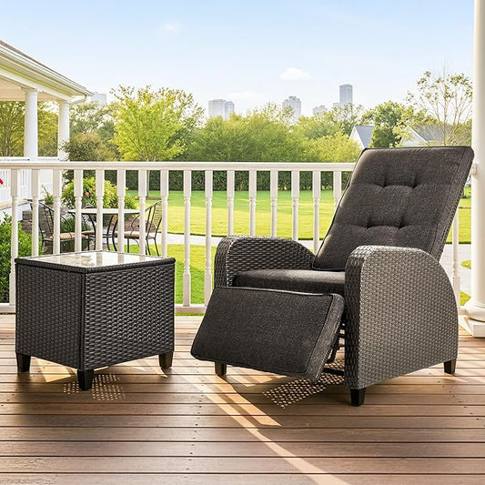 Green4ever Outdoor Patio Recliner with Adjustable Backrest and Footrest, All-Weather Wicker Patio Chair with Side Table, 160° Lay Flat Patio Reclining Lounge Chair for Garden Backyard, Grey