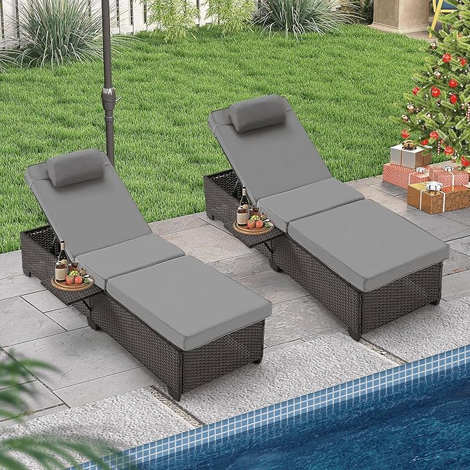 HOMREST PE Wicker Chaise Lounge Chairs Set of 4,Adjustable 5 Position Outside Rattanr Patio Pool Chair with Headrest,Cushion and Storage Rack for Poolside Backyard Porch,Grey