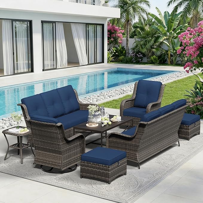 8 Piece Outdoor Wicker Patio Furniture Set, Outdoor Swivel Rocker Patio Chairs Set with Thickened Olefin Cushions, High Back and Deep Seating, Hand-Woven PE Rattan for Porch, Deck
