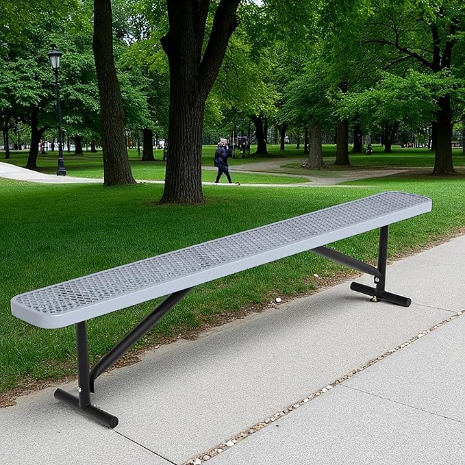 Park Benches for Outside, 8 ft Long Gray Metal Porch Bench Furniture Patio Seating, Industrial Bench Commercial Expanded Metal Mesh Benches for Garden, Lawn, Backyard, Park, Deck, Patio, School
