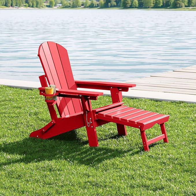 WestinTrends Malibu Folding Adjustable Adirondack Chair with Retractable Ottoman and Cup Holder, Red