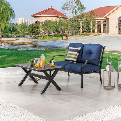LOKATSE HOME Outdoor Loveseat and Coffee Table Metal Conversation Set Patio Furniture with Cushions for Poolside Backyard Lawn